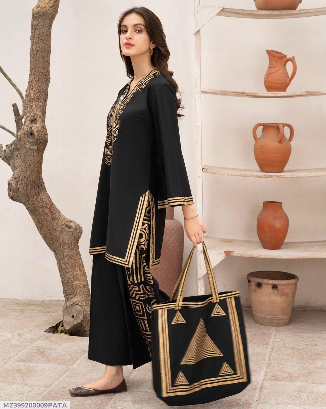 Woman's Stitched Linen Printed Suit With Handbag - 3pcs