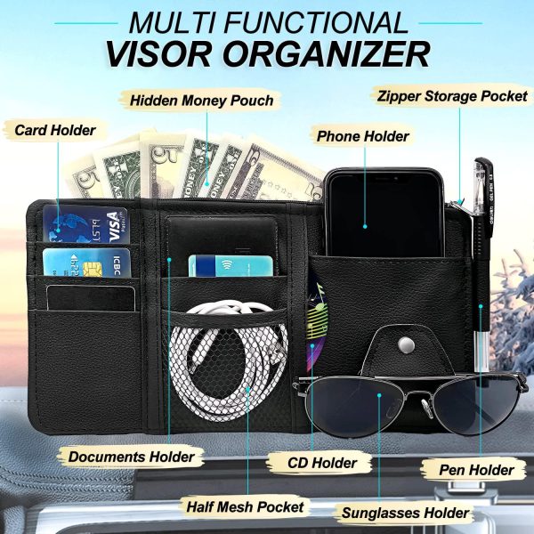 Car Sun Visor Organizer with Sunglass Holder - Multi-Pocket Storage Pouch for Auto Interior Accessories, Including Net Zipper Case for Cards, Pens, Keys, Sunglasses, and Cash