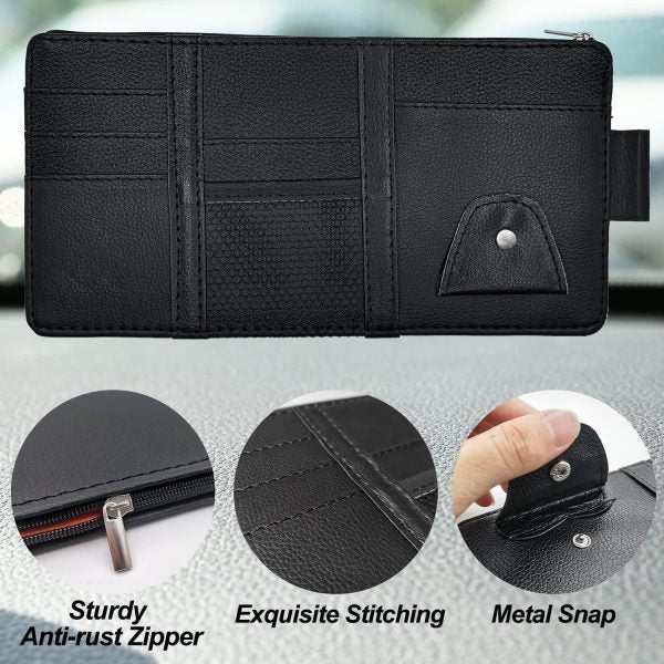 Car Sun Visor Organizer with Sunglass Holder - Multi-Pocket Storage Pouch for Auto Interior Accessories, Including Net Zipper Case for Cards, Pens, Keys, Sunglasses, and Cash