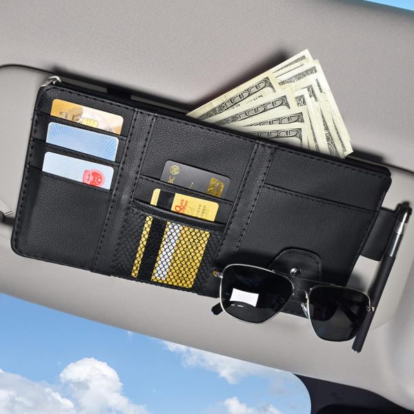 Car Sun Visor Organizer with Sunglass Holder - Multi-Pocket Storage Pouch for Auto Interior Accessories, Including Net Zipper Case for Cards, Pens, Keys, Sunglasses, and Cash